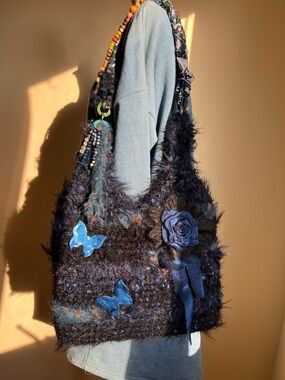 Mixed Yarn Crochet Bag with Floral Accent Hippie Style